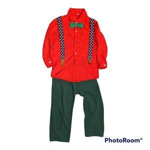 Red and Green Toddler Outfit with Blue Strap Star Suspenders, 4pc Set